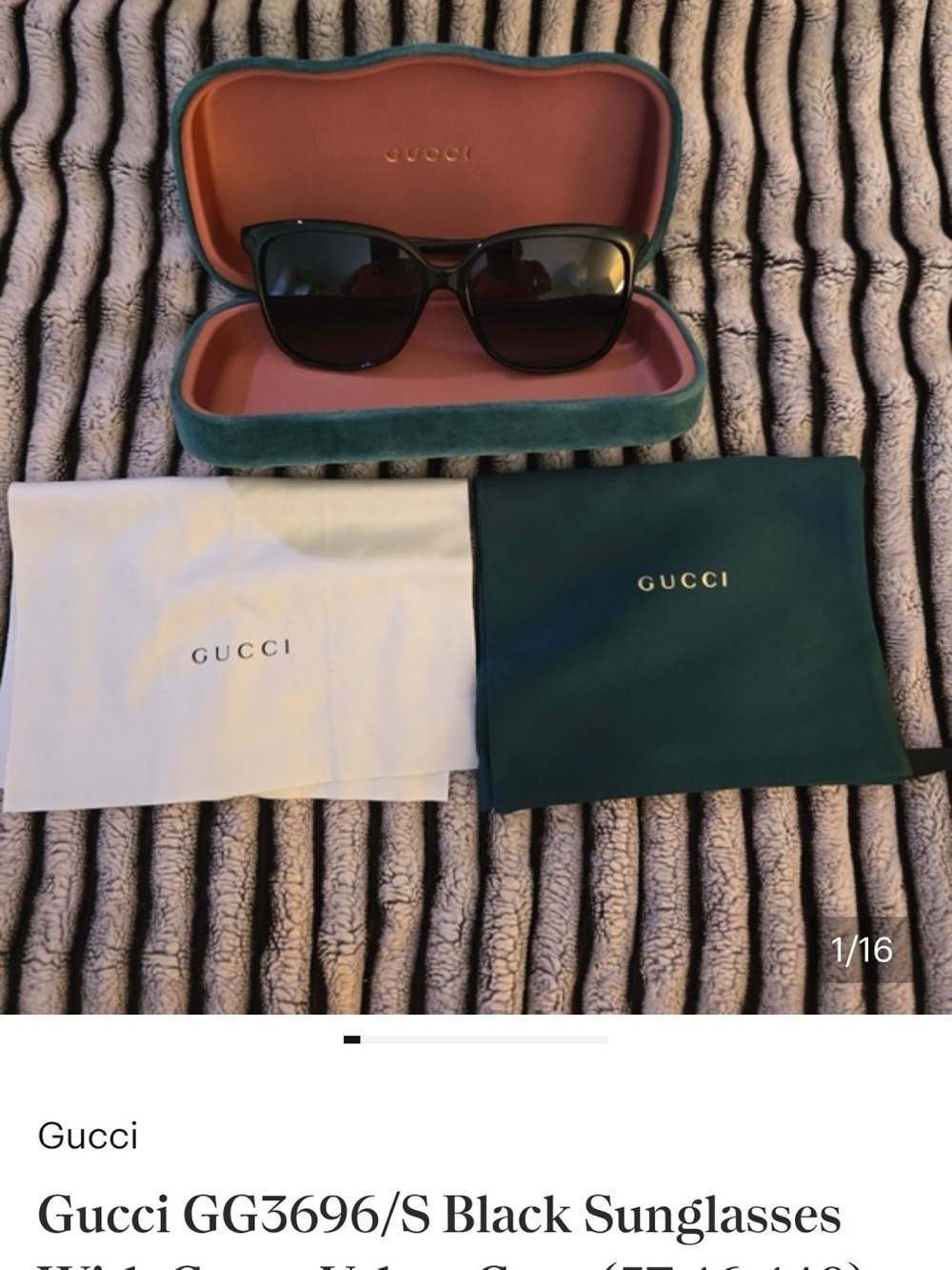 Gucci GG3696/S Black Oversized Sunglasses Green Velvet Case 57-16-140 🕶️
